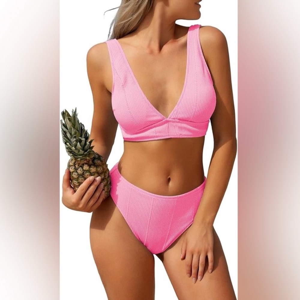 NWT Zaful 2 Piece Ribbed V Neck and High Waisted Bikini Set